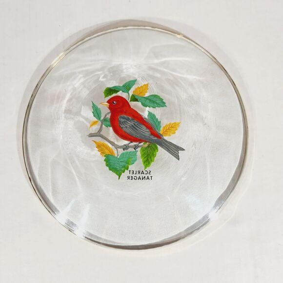 Vtg Glass Plate Painted Scarlet Tanager Bird Plate Clear Gold Trim 8" Red Nature - Picture 3 of 6
